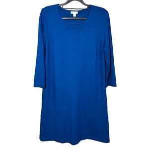 J Jill Ponte Knit Dress Womens M Petite Blue 3/4 Sleeve Career Pull On Pockets